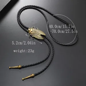 Vintage bronze cicada bolo tie with black braided PU leather cord and size dimensions