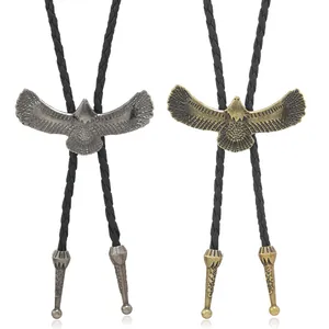 Cravate Bolo aigle vintage avec cordon en cuir tressé en argent et bronze