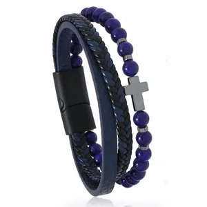 Pulsera de hombre de tres capas con cuentas azules, colgante de cruz y cuero azul