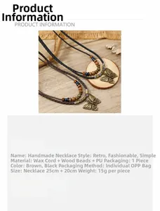 Detail of vintage multilayer handmade wood bead butterfly necklace with sizing chart