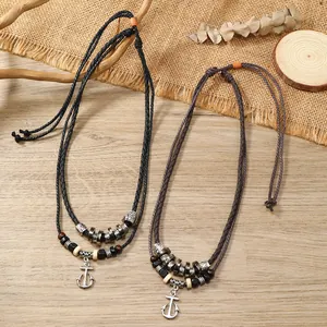 Vintage dubbellaagse gevlochten lederen ketting met een retro anker hanger