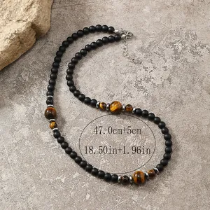 Collana da uomo stile punk fatta a mano con pietre naturali nere e perle occhio di tigre