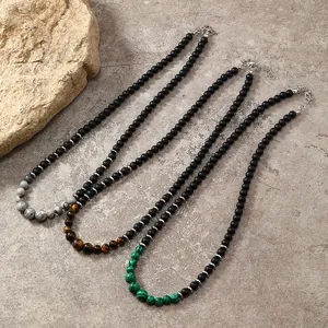 Herren Naturstein Perlenhalskette Mattierte Schwarze Perlen Punk Hip Hop Schmuck Mit Tigerauge Malachit Legierung Verlängerung