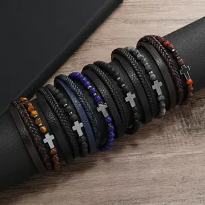 Pulsera Multicapa para Hombre Retro Cuentas de Piedra Natural Hechas a Mano Cuerda Trenzada de Cuero Colgante Cruz Acero Inoxidable Joyería
