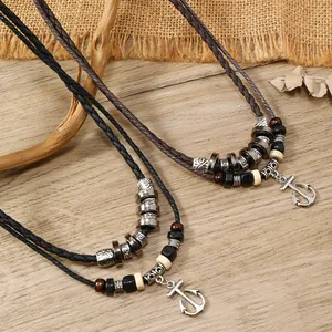 Retro PU Lederen Anker Hanger Ketting Handgeweven Dubbellaagse Gevlochten Ketting Met Houten Kralen Legering Griekse Sleutel