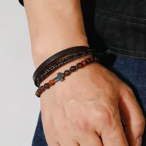 Conjunto de pulseras multicapa para hombre de cuero marrón y piedras naturales ojo de tigre