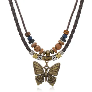 Bohemian multi-layer necklace with wooden beads and vintage butterfly alloy pendant
