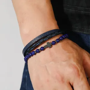Juego de pulseras multicapa para hombre con cuentas de lapislázuli, cuero y cruz