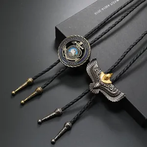 Vintage Western Cowboy Bolo Krawatte Zinklegierung Adler Marine Gedenkmünze Anhänger PU Leder Geflochtene Kordel Halskette Unisex Schmuck