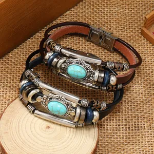Vintage Lederarmband mit Türkis und Edelstahlverschluss für Herren im Retro-Stil