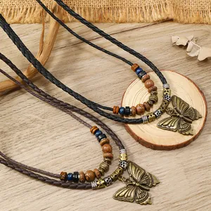 Vintage Bohemian Pendant Necklace Handmade Braided Wax Cord Alloy Butterfly Leaf Cross Wood Bead Ethnic Jewelry For Women Men