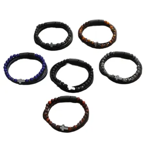 Set de pulseras de piedras naturales para hombre con cruz y cierre magnético