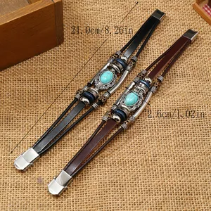 Vintage mehrlagiges Lederarmband mit Türkis und Metallverschluss für Herren