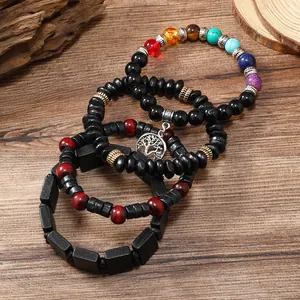 Multilayer wood bead bracelet set with colorful stones and silver Tree of Life pendant