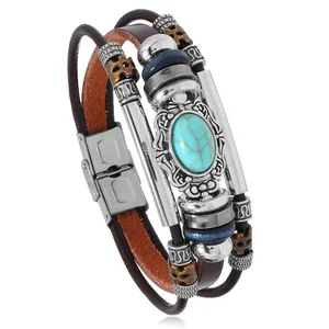 Vintage Mehrlagiges Lederarmband für Herren mit Türkis und Edelstahl-Faltverschluss