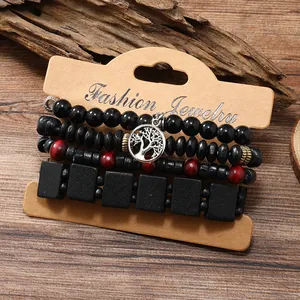 Bohemian multilayer wood bead bracelet set with silver tree of life pendant on card