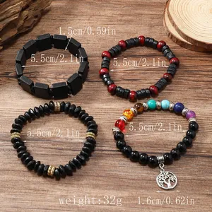 Multilayer wooden bead bracelet set with colorful balance beads and tree of life charm