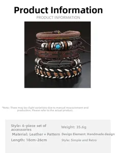Detailansicht des 6-teiligen Vintage-Lederarmband-Sets mit Feder- und Kreuzanhängern