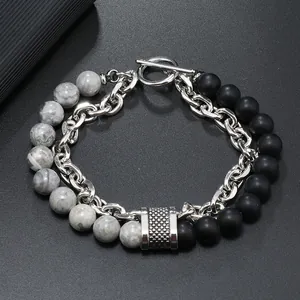 Vintage Doppelarmband für Herren mit Tigerauge-Perlen und silberner Gliederkette