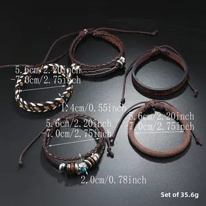 6er-Set Vintage handgeflochtene Lederarmbänder mit Feder und Türkis-Perlen für Herren