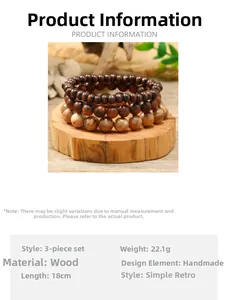 Detalles del set de 3 pulseras de cuentas de madera con texturas vintage naturales
