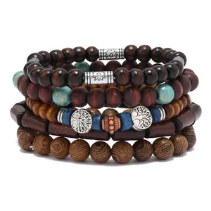 Retro mehrlagiges Holzperlen Armband Set mit Lebensbaum Anhängern und silbernen Details