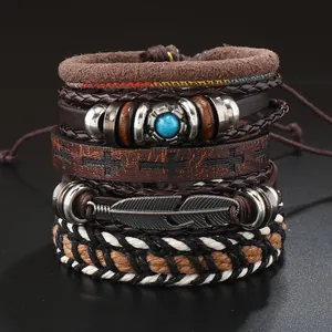 Retro Handgewebtes Kunstleder Armband Set Für Herren Mit Feder Türkis Metallanhänger Mehrlagige Kordel Bohemian Schmuck