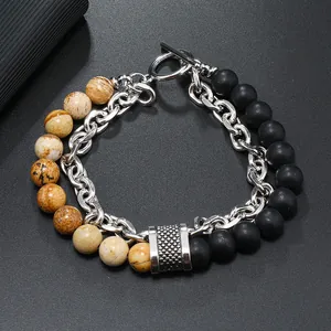 Retro Herren-Armband mit Tigerauge-Steinen, Silberkette und Knebelverschluss