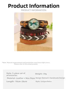 Macro detail of 5-piece retro braided leather bracelet set with dragonfly charm