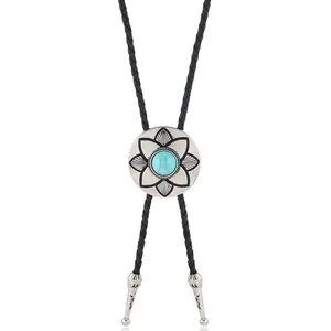 Vintage Western Cowboy Bolo Tie Retro Alloy Feather Flower Pendant Necklace With Artificial Leather Braided Rope Unisex Jewelry