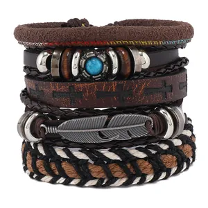 6-teiliges Vintage Lederarmband-Set für Herren mit Feder und Türkis-Anhänger im Set