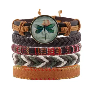 Vintage 5-piece multilayer leather bracelet set with dragonfly charm and woven patterns