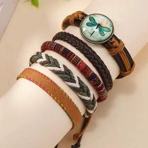 Vintage bohemian 5-piece multilayer leather bracelet set featuring dragonfly charm