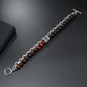 Details von Tigeraugen-Perlen und Metallkette Armband mit klassischem T-Verschluss