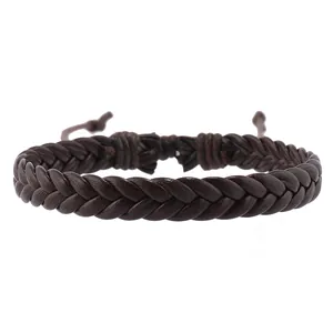 Close-up of deep brown leather braided bracelet with adjustable drawstring knot detail