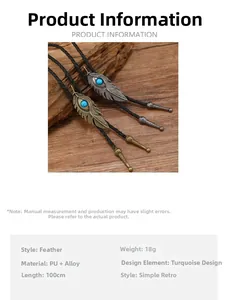 Detaillierte Größenangaben für das Vintage Bolo Tie mit Türkis-Federn und 100cm PU-Lederband