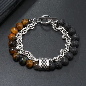 Detailansicht von Herrenarmband aus Tigerauge, Lavastein und silberner Panzerkette