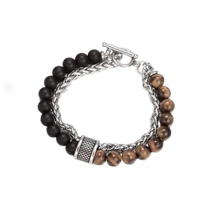 Herrenarmband aus doppelten Tigerauge-Perlen, schwarzen Perlen und einer Gliederkette