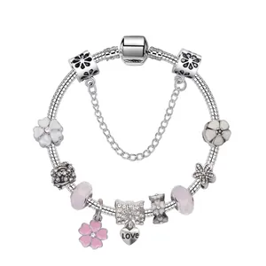 DIY Magnolia Flower Charm Bracelet Heart Love Pendant Rhinestone Alloy Beaded Snake Chain Bracelet For Women Jewelry Gift