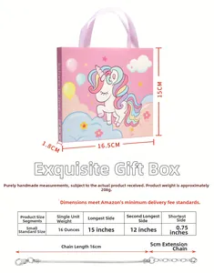 Size chart for unicorn jewelry set including 15x16.5cm gift box and 16cm bracelet chain