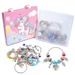 DIY colorful unicorn charm bracelet making kit with pink gift box for young girls