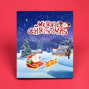 Detailed Christmas greeting card featuring Santa Claus, reindeer, and a festive village scene