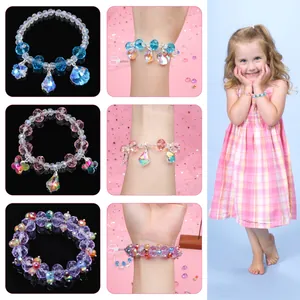 Buntes Kristallperlen Armband Set für Kinder mit Schmetterlingsanhängern in Blau Rosa Lila