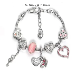 Rosa Perlenarmband mit Herz- und Schlüsselanhängern, verstellbare Schlangenkette 16-20cm