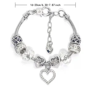 Classic silver lobster clasp charm bracelet with heart pendant and sparkling crystals
