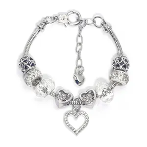 Silver Alloy Beaded Charm Bracelet For Women Rhinestone Heart Pendant Crystal Beads Snake Chain Adjustable Fashion Jewelry Gift