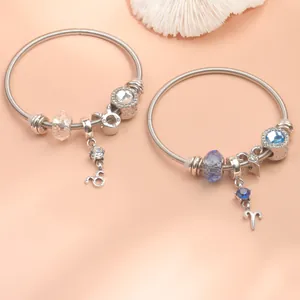 Detailed view of silver charm bracelets with zodiac pendants and faceted crystal beads