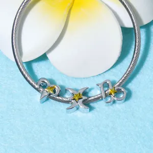 Macro detail of silver twisted bangle with gold star zodiac charms and rope texture