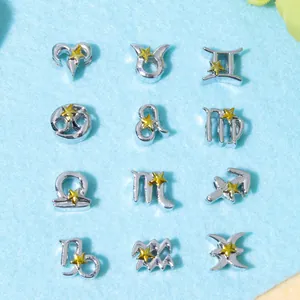 Set of 12 zodiac alloy charms with silver finish and gold star for DIY jewelry