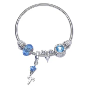 Aries zodiac beaded charm bracelet with sky blue crystals and silver snake chain